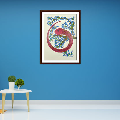 The Crimson Chameleon: Hand-Painted Bhil Tribal Art (Unframed)