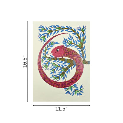 The Crimson Chameleon: Hand-Painted Bhil Tribal Art (Unframed)