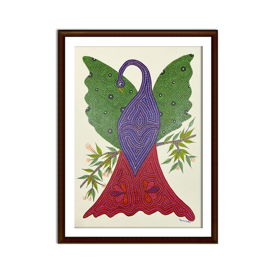 Hand-Painted Bhil Art: The Majestic Peacock in Bloom (Unframed)