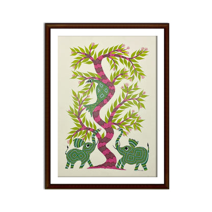 The Sacred Tree of Life: Bhil Painting with Elephant & Peacock (Unframed)