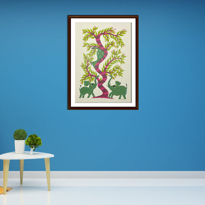 The Sacred Tree of Life: Bhil Painting with Elephant & Peacock (Unframed)
