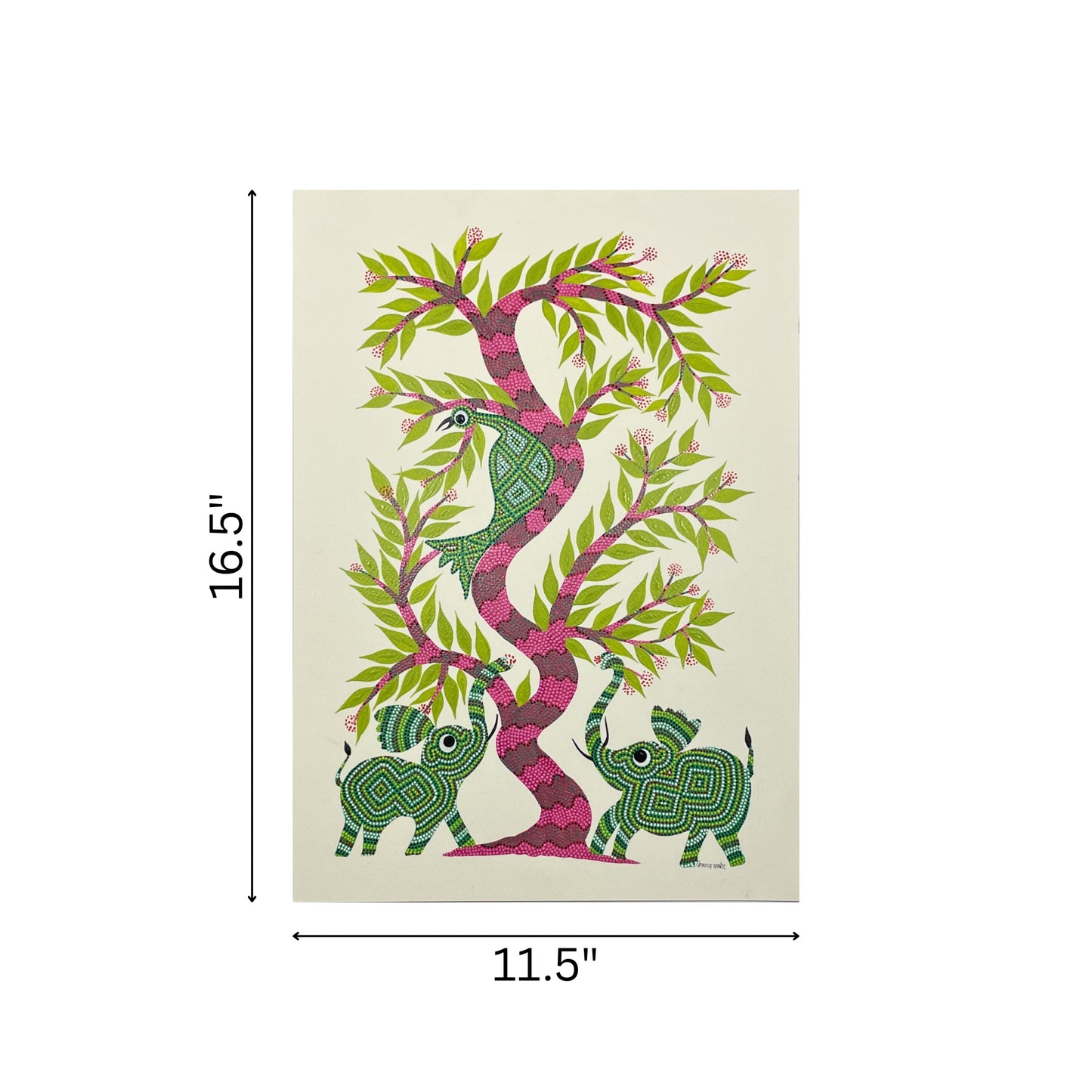 the sacred tree of life: bhil painting with elephant & peacock (unframed)