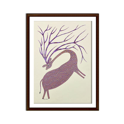 Grace in Motion: Dancing Bhil Stag with Purple Antlers (Unframed)