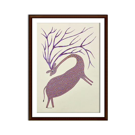 Grace in Motion: Dancing Bhil Stag with Purple Antlers (Unframed)