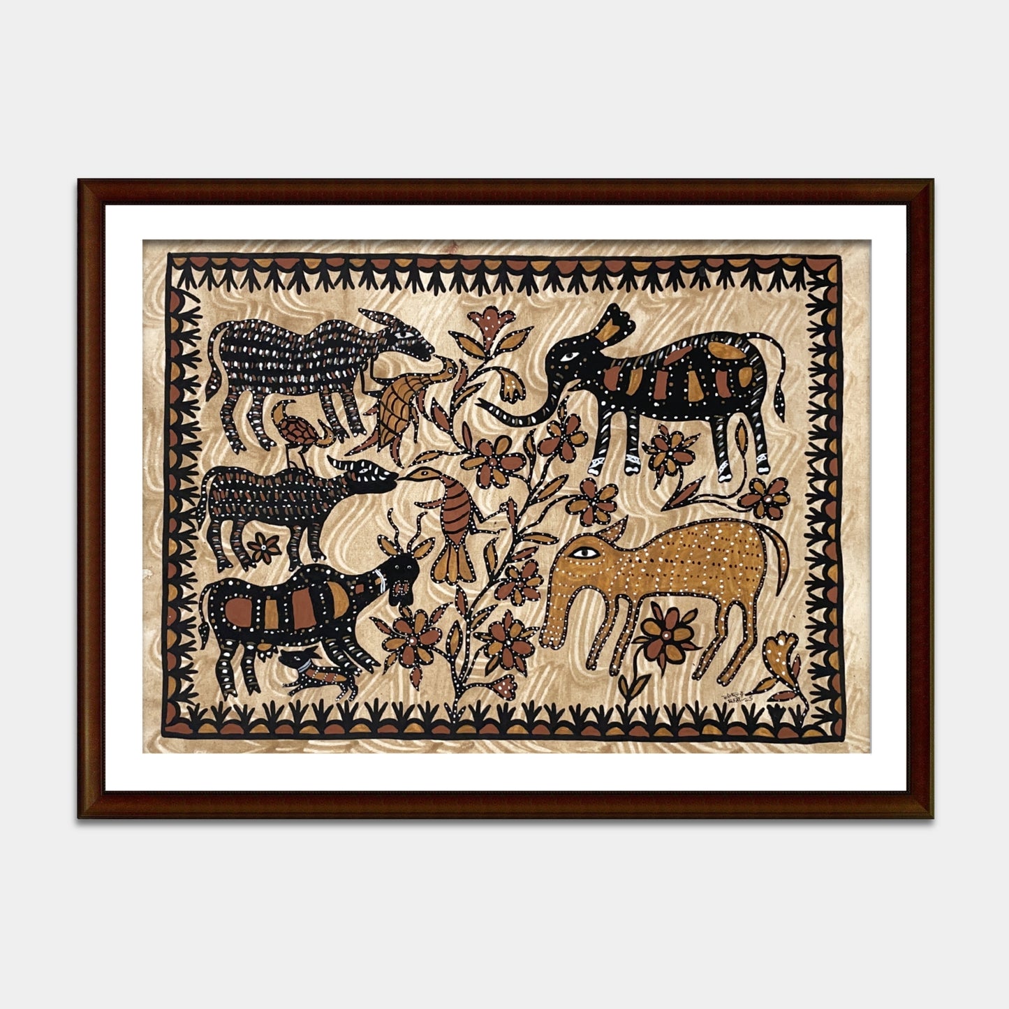 traditional sohrai tribal painting - wildlife and floral composition