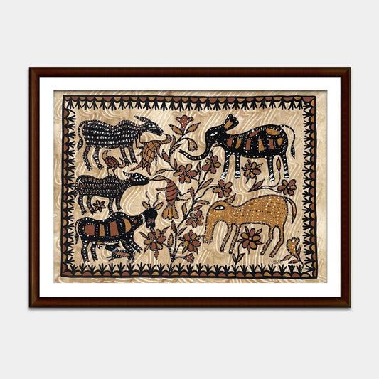 Traditional Sohrai Tribal Painting - Wildlife and Floral Composition
