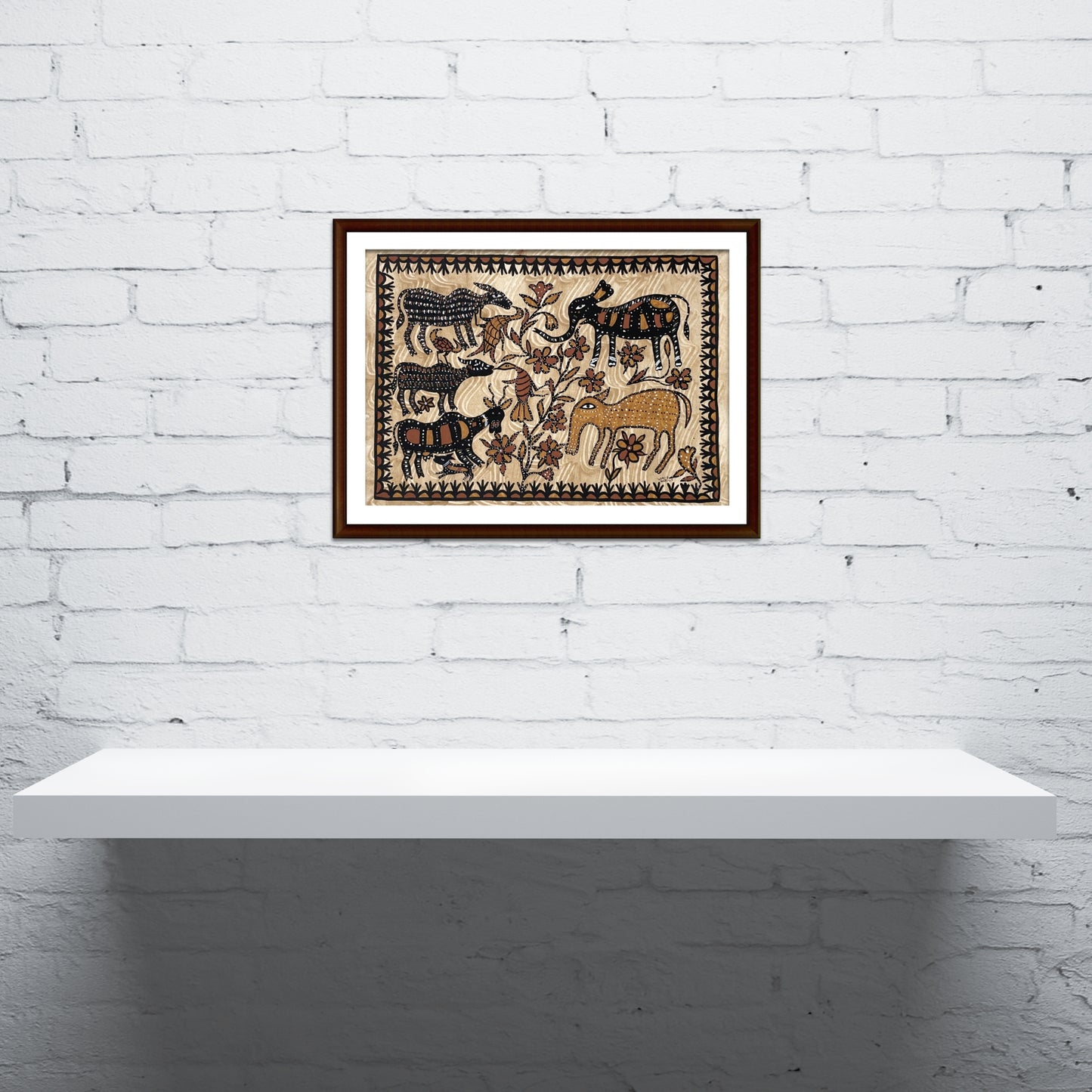 traditional sohrai tribal painting - wildlife and floral composition