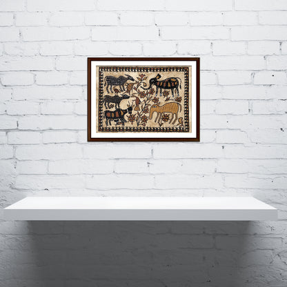 Traditional Sohrai Tribal Painting - Wildlife and Floral Composition