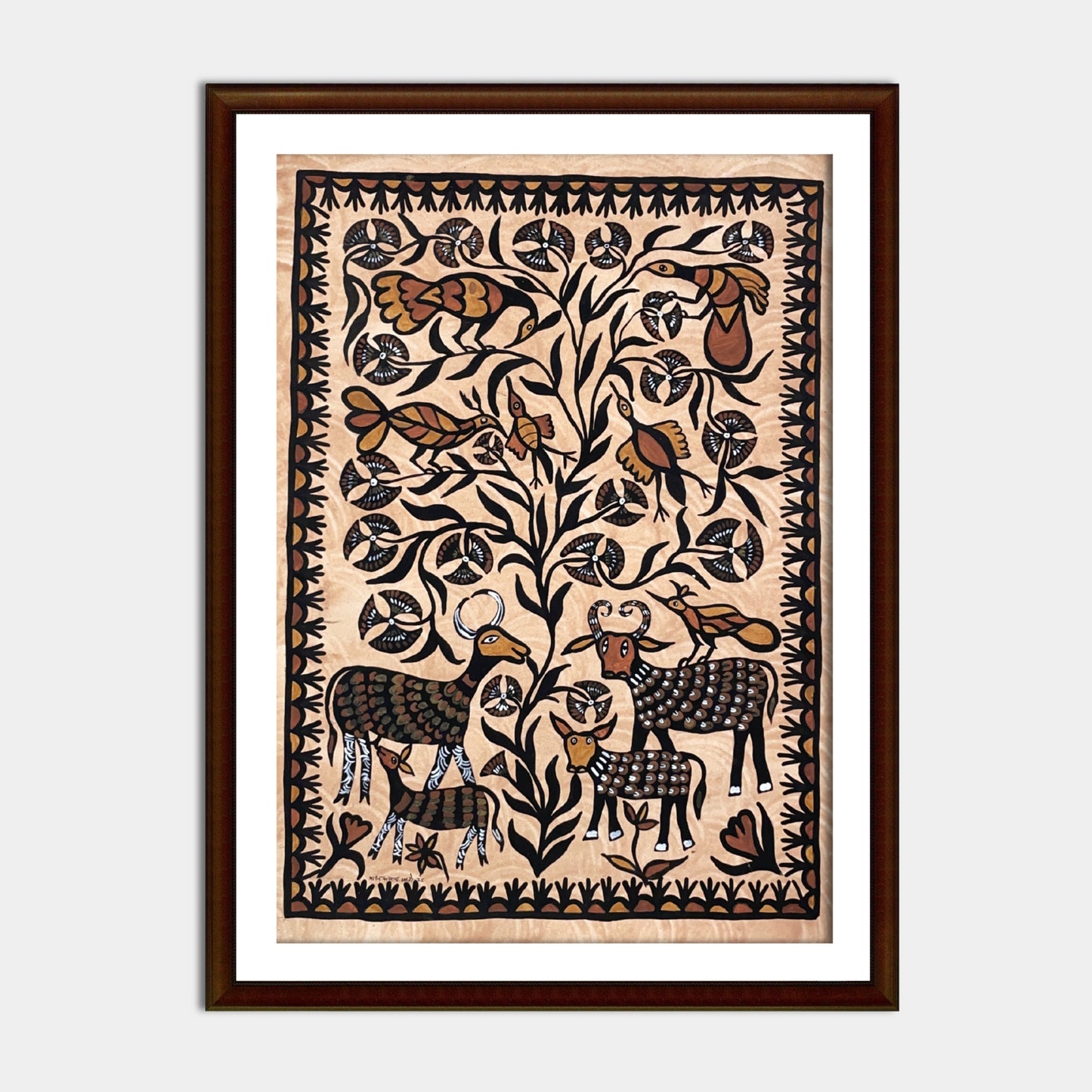 earthy sohrai folk art - intricate bird and antelope design