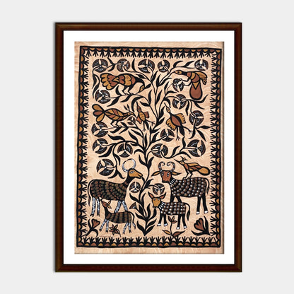 Earthy Sohrai Folk Art - Intricate Bird and Antelope Design