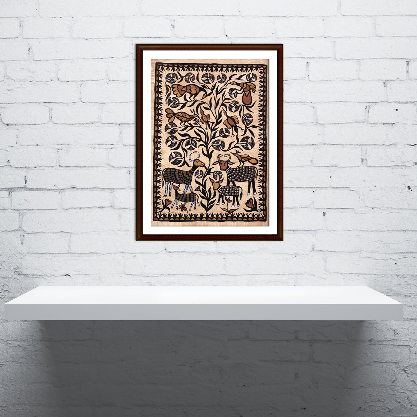 earthy sohrai folk art - intricate bird and antelope design