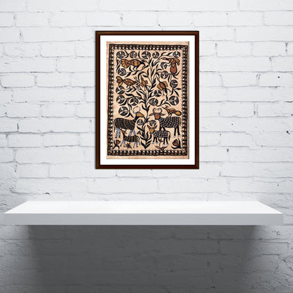 Earthy Sohrai Folk Art - Intricate Bird and Antelope Design