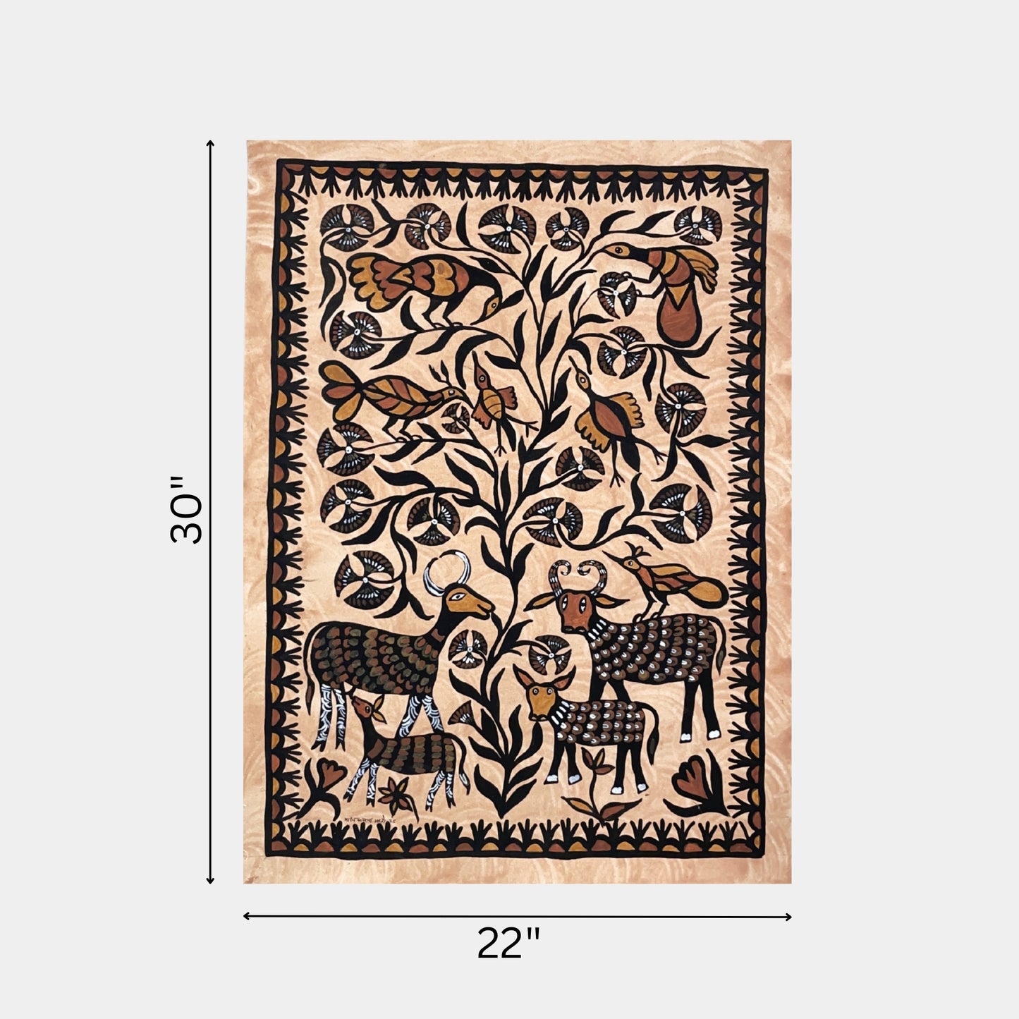 earthy sohrai folk art - intricate bird and antelope design