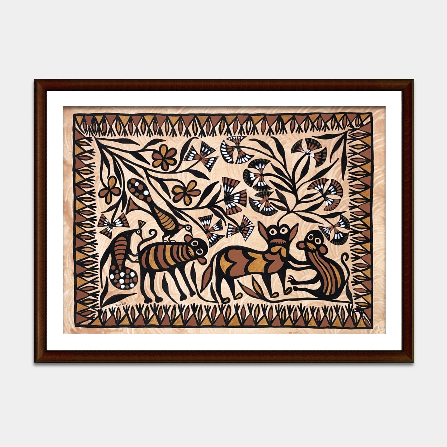 handmade sohrai tribal wall art - stylized fauna and flora