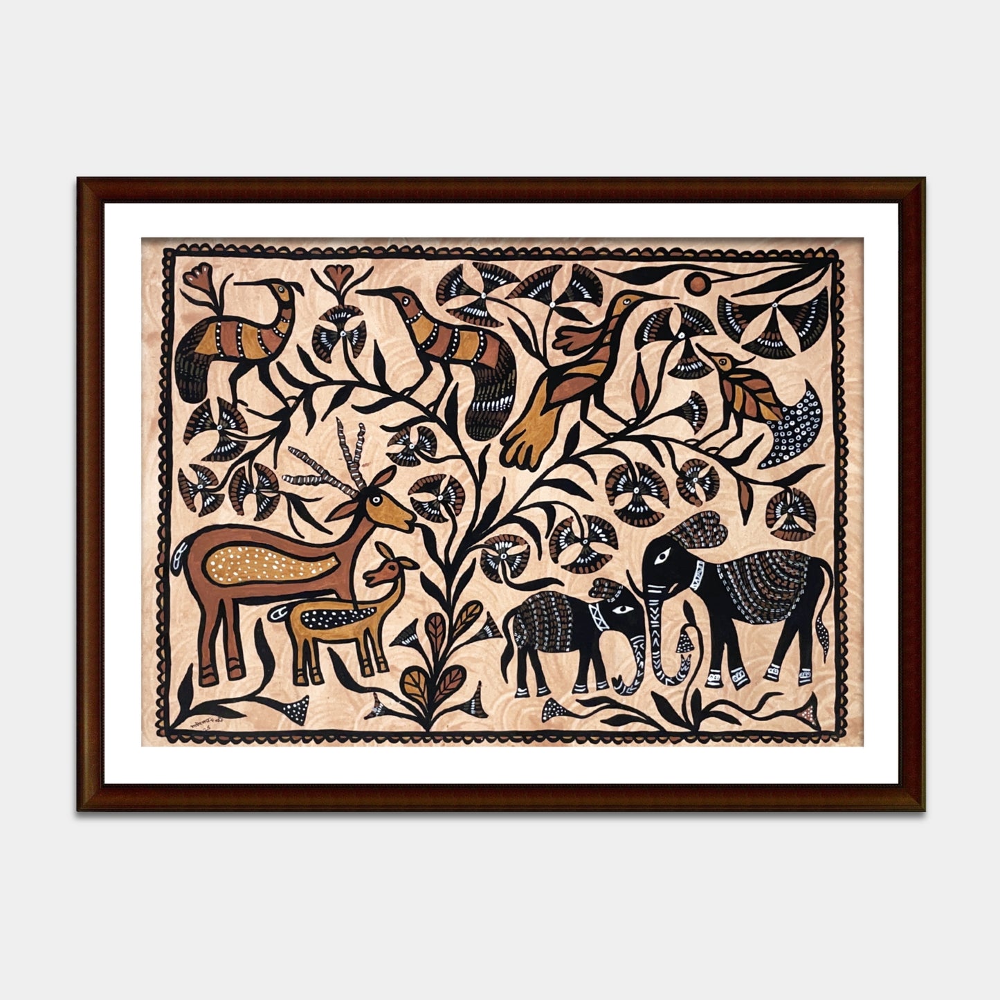 authentic sohrai folk painting - wildlife and tree of life motif
