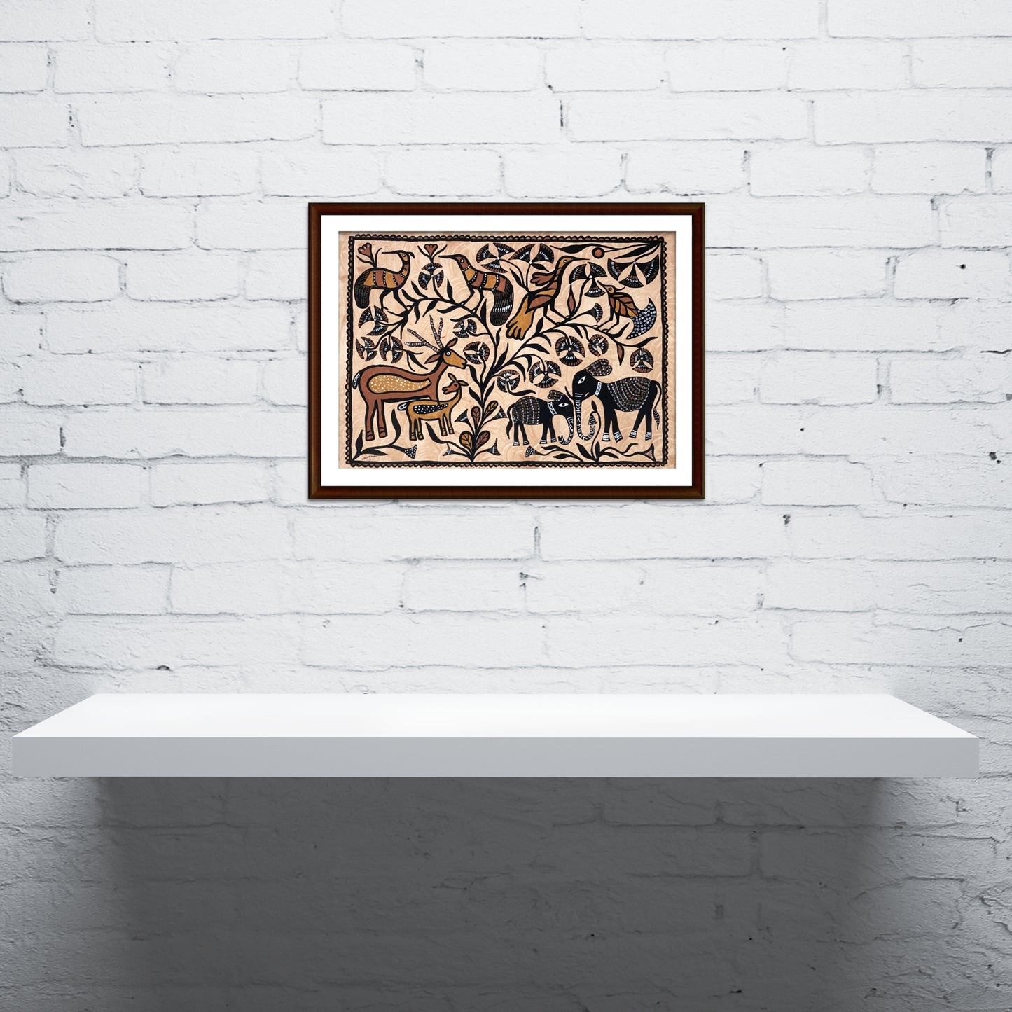 authentic sohrai folk painting - wildlife and tree of life motif