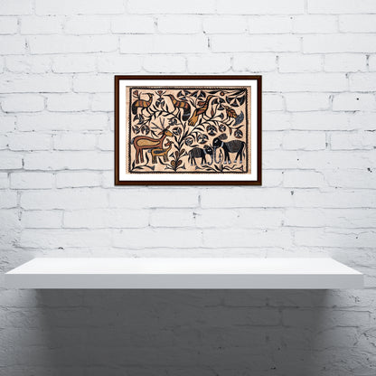 Authentic Sohrai Folk Painting - Wildlife and Tree of Life Motif