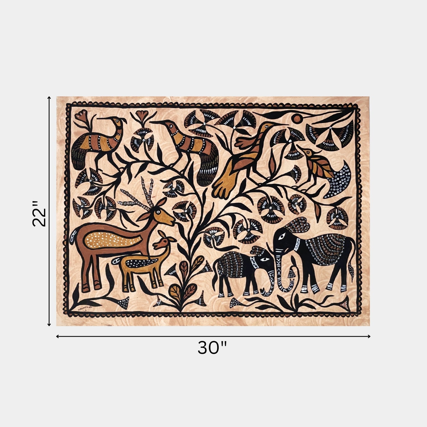 authentic sohrai folk painting - wildlife and tree of life motif