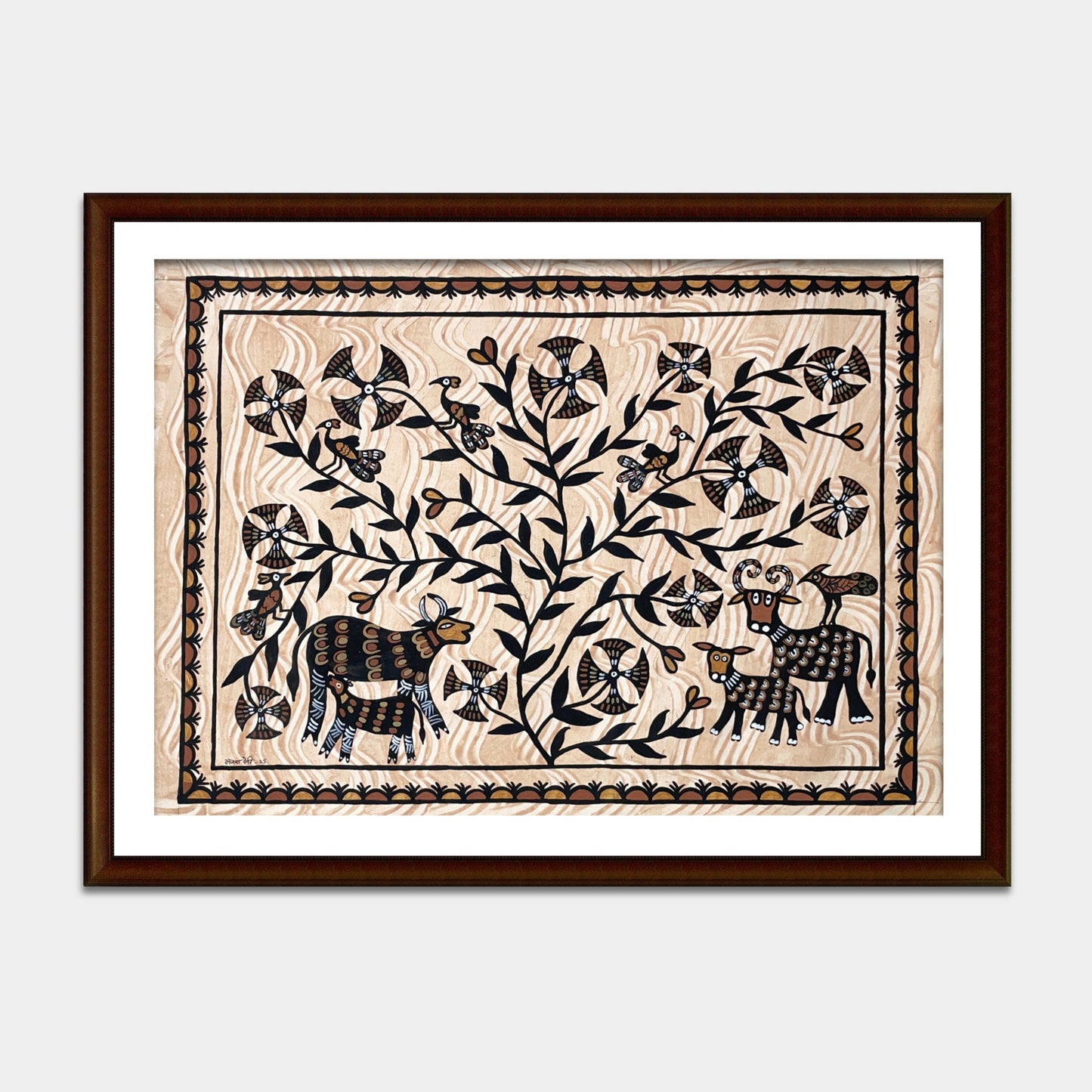 hand-painted sohrai artwork - mother and child wildlife scene