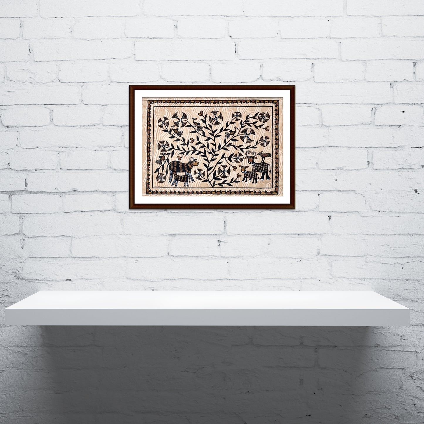 hand-painted sohrai artwork - mother and child wildlife scene