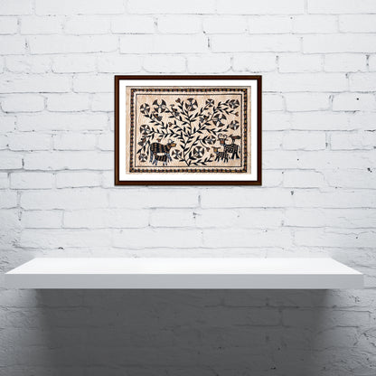Hand-Painted Sohrai Artwork - Mother and Child Wildlife Scene