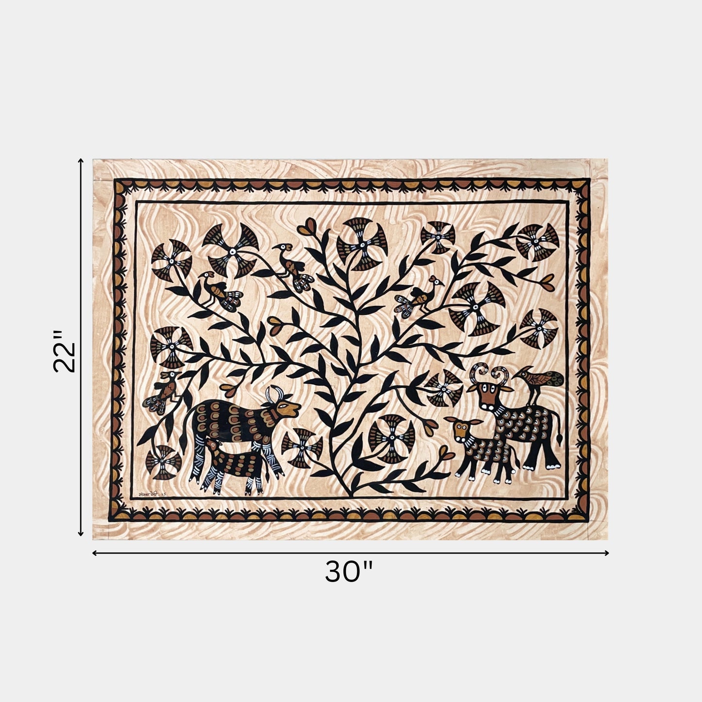 hand-painted sohrai artwork - mother and child wildlife scene