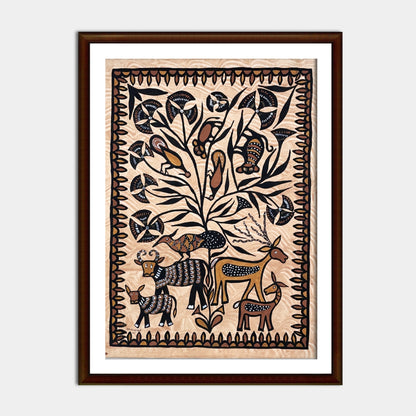 Hand-Painted Traditional Sohrai Art - Cow, Deer and Forest Wildlife Motif
