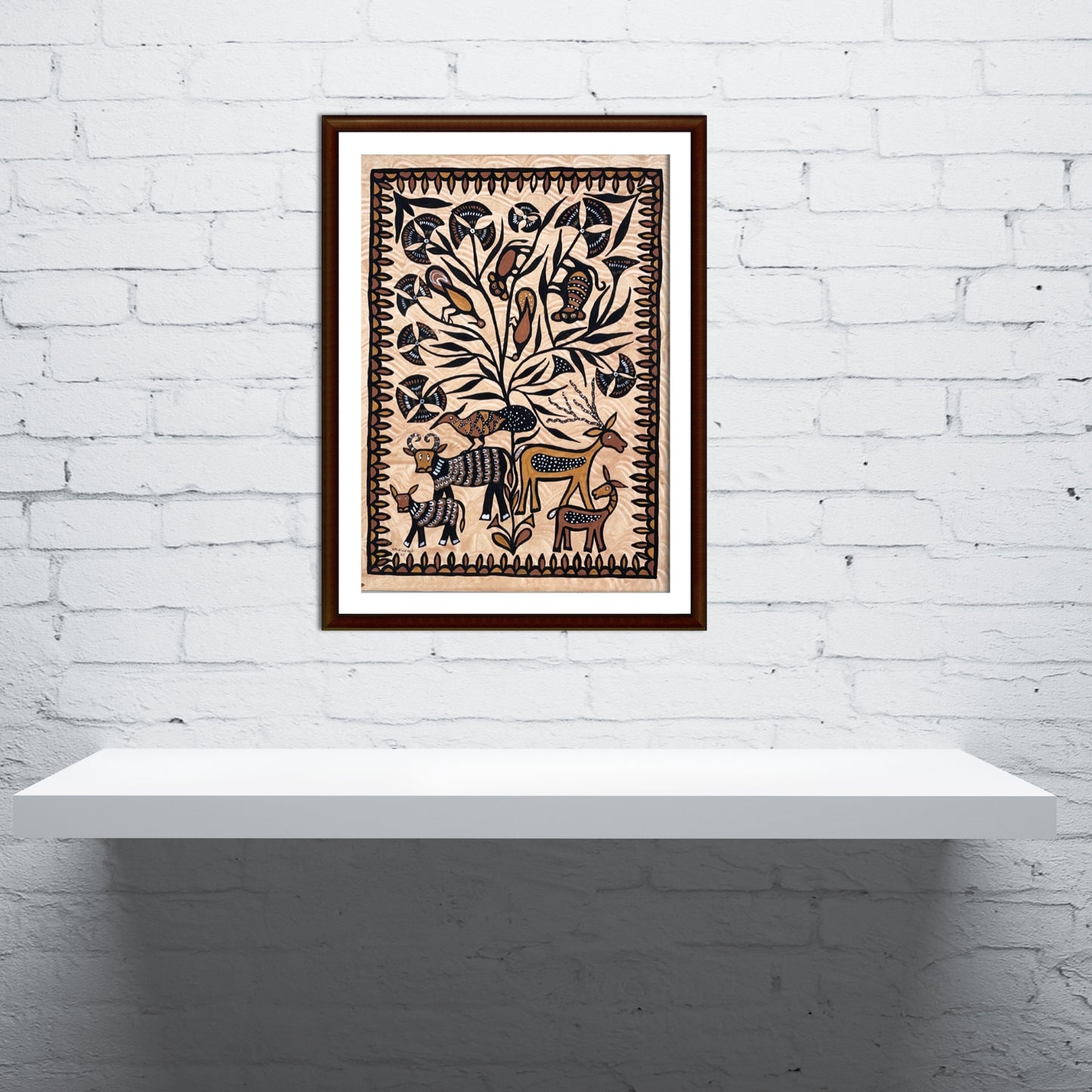 hand-painted traditional sohrai art - cow, deer and forest wildlife motif
