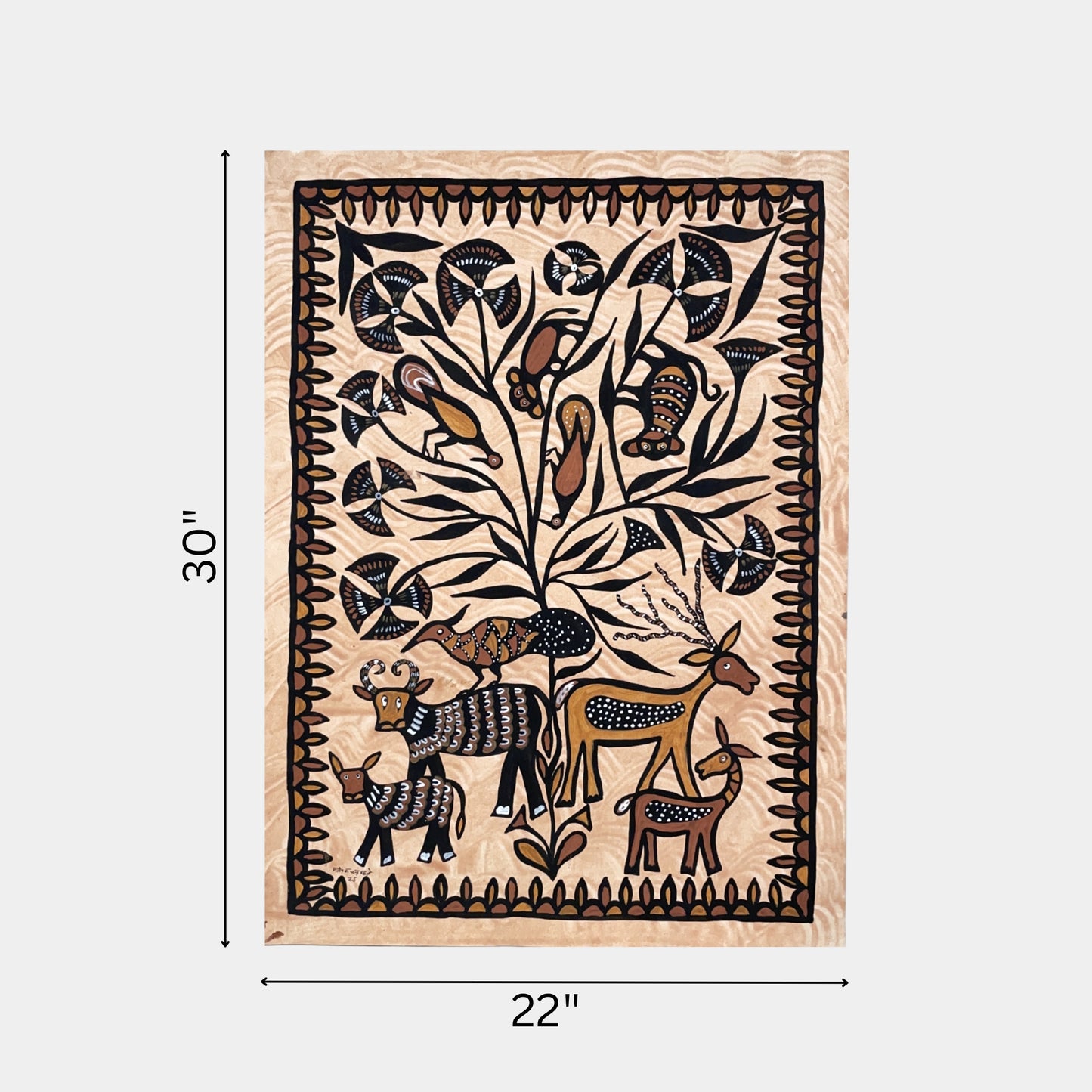 hand-painted traditional sohrai art - cow, deer and forest wildlife motif