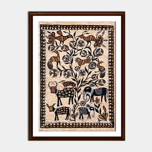 Traditional Sohrai Tribal Folk Painting - Elephant and Bird Forest Scene