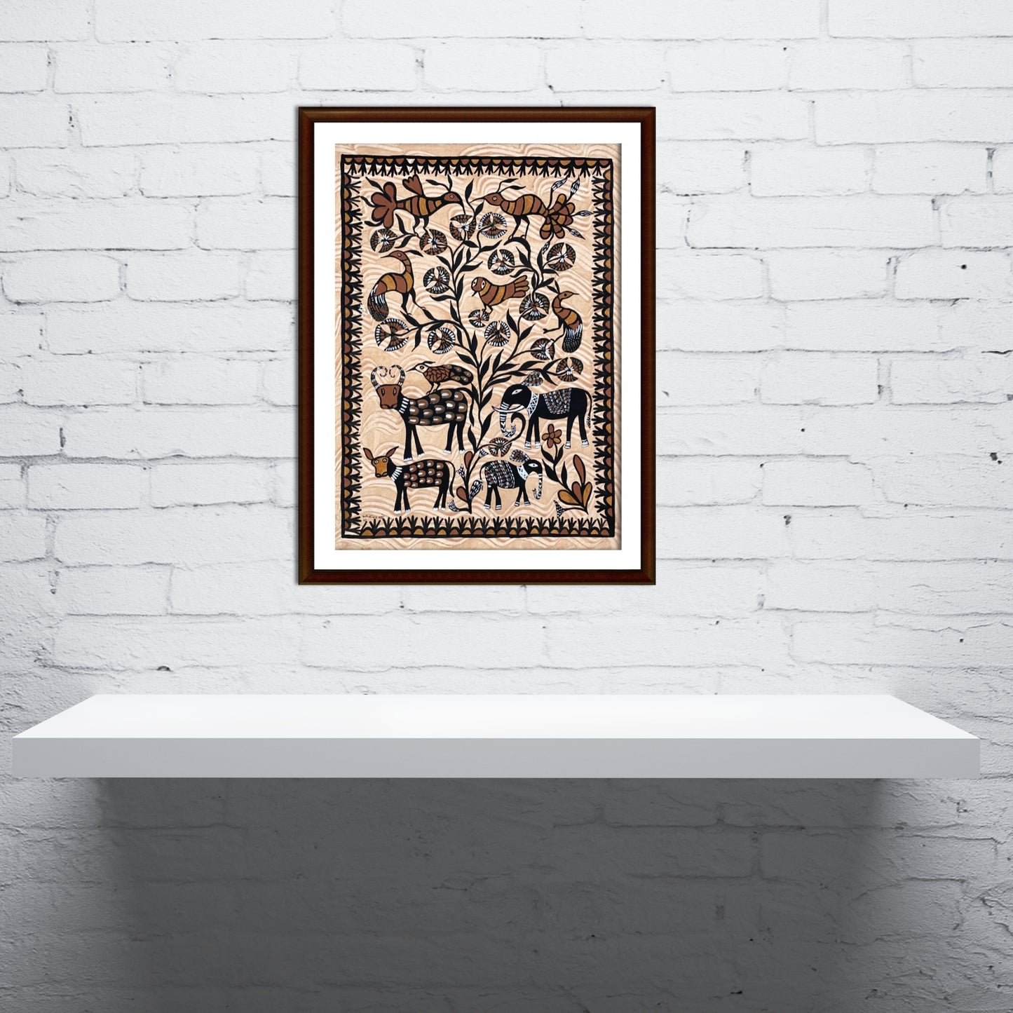 traditional sohrai tribal folk painting - elephant and bird forest scene
