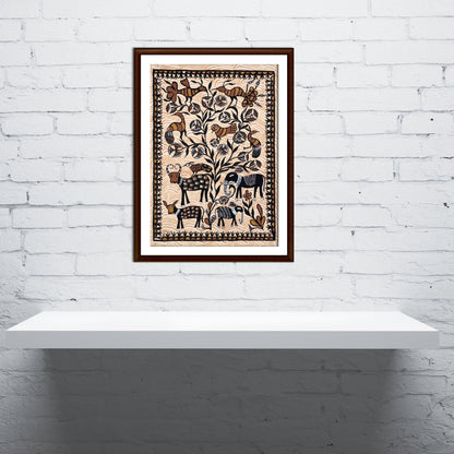 Traditional Sohrai Tribal Folk Painting - Elephant and Bird Forest Scene