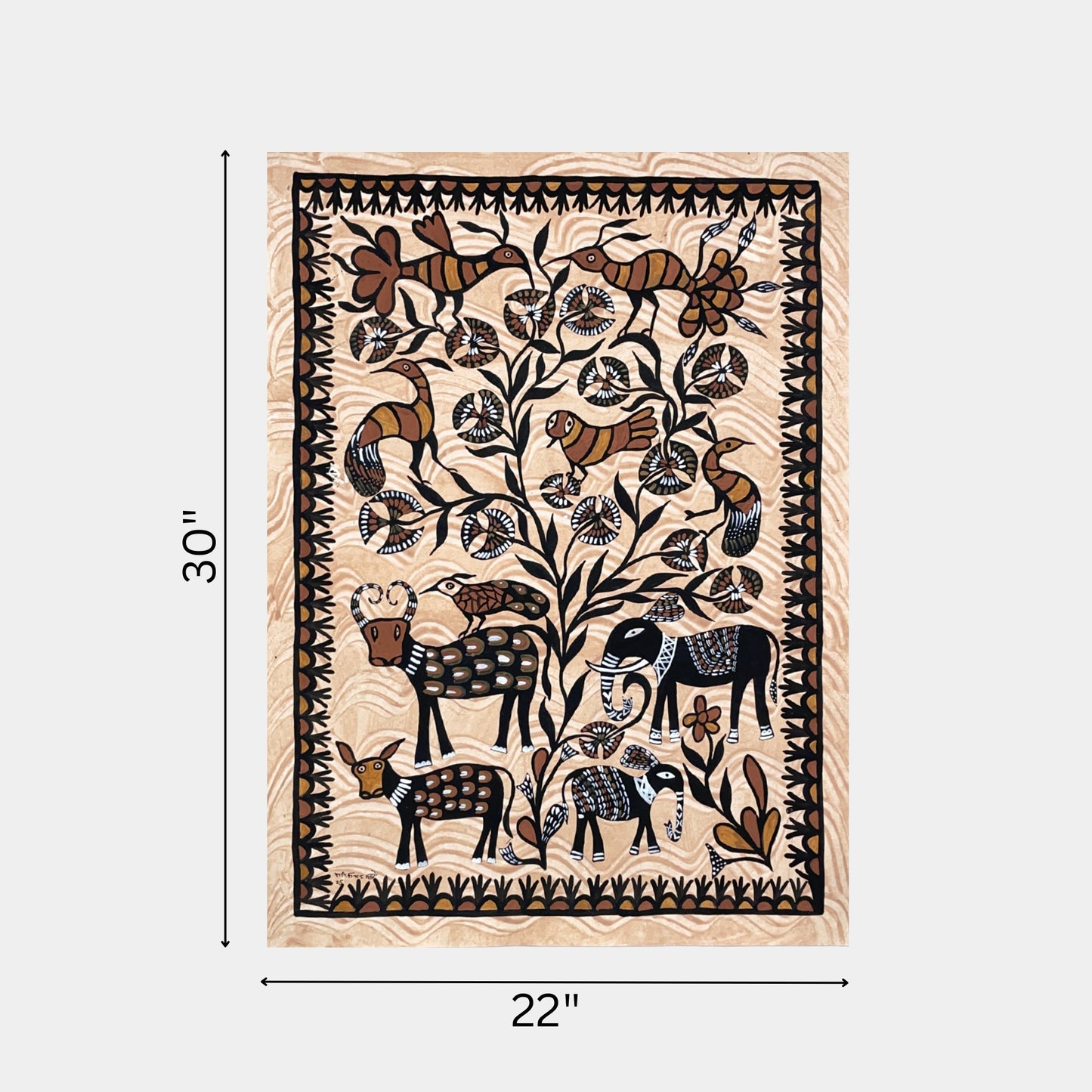 traditional sohrai tribal folk painting - elephant and bird forest scene