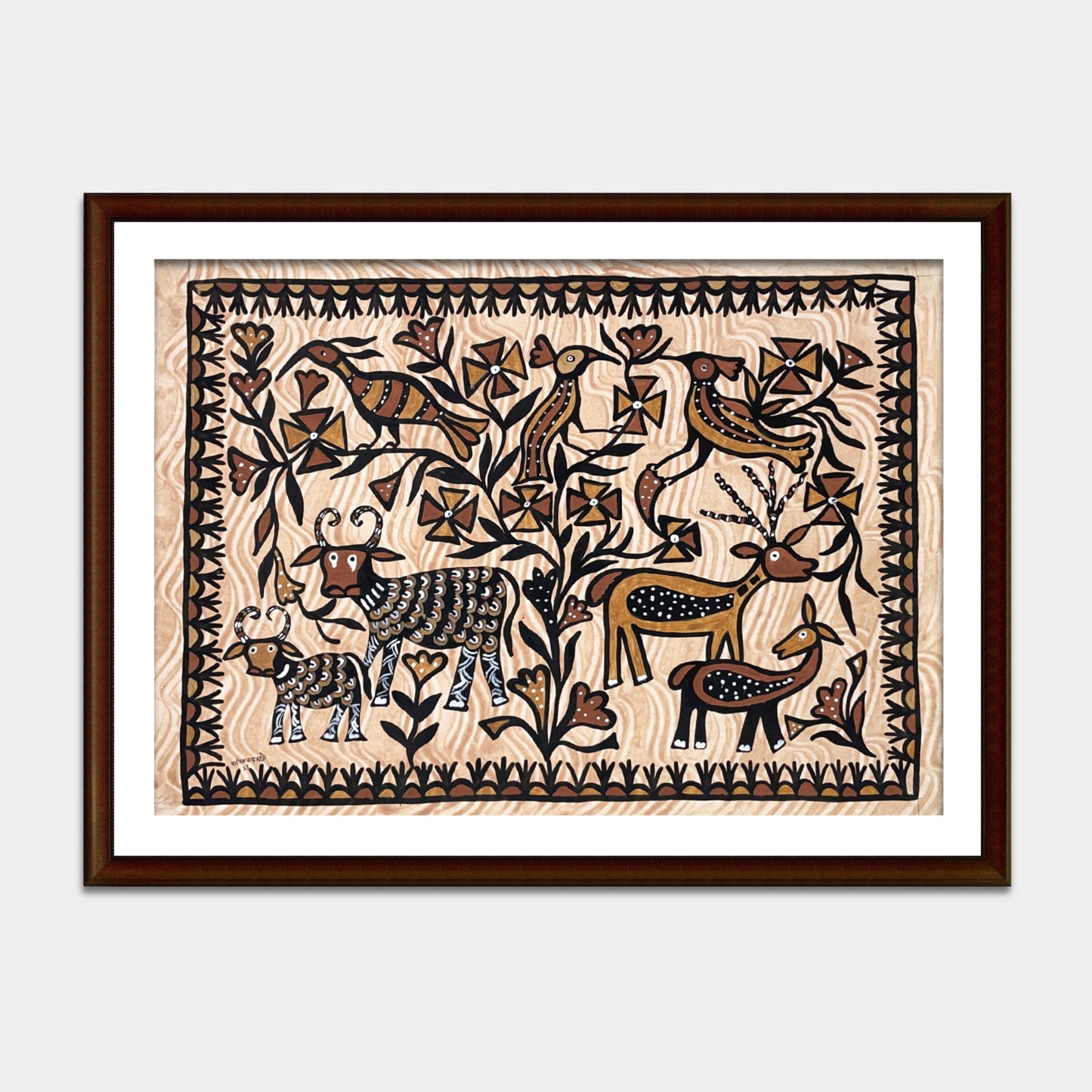 hand-painted sohrai tribal artwork - stylized wildlife landscape