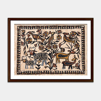 Hand-Painted Sohrai Tribal Artwork - Stylized Wildlife Landscape