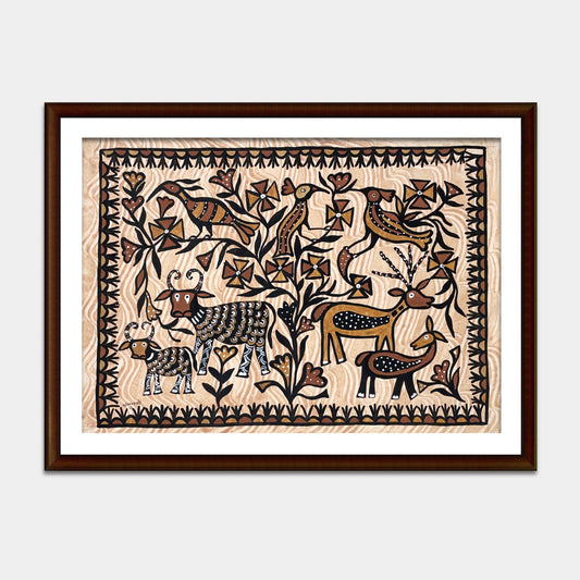 Hand-Painted Sohrai Tribal Artwork - Stylized Wildlife Landscape