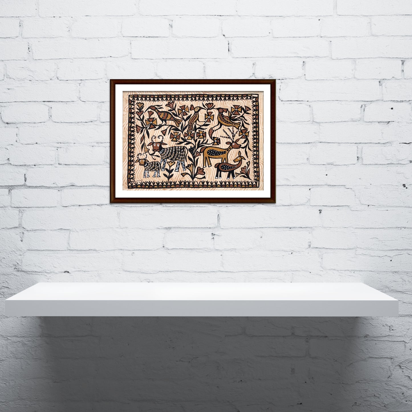hand-painted sohrai tribal artwork - stylized wildlife landscape