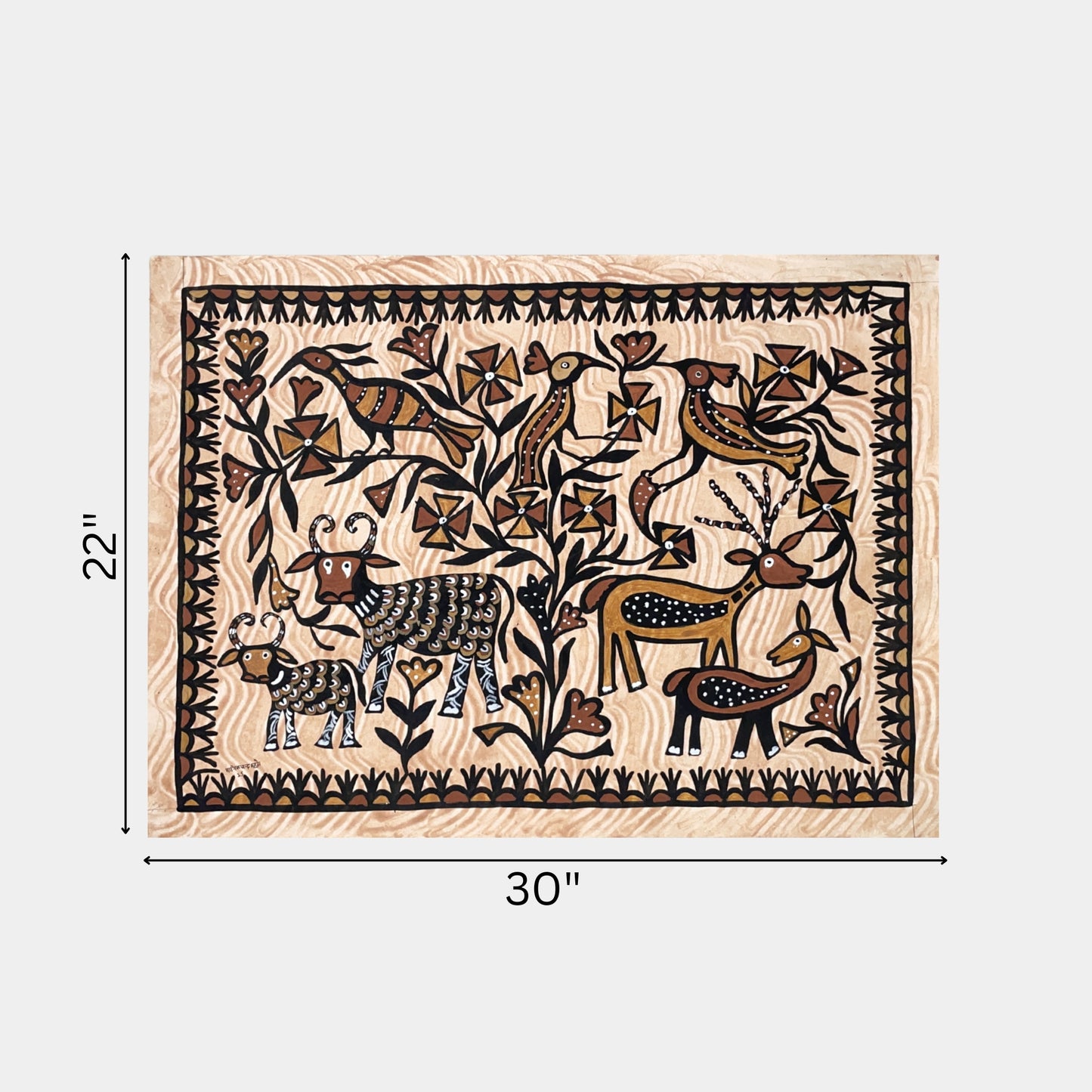 hand-painted sohrai tribal artwork - stylized wildlife landscape