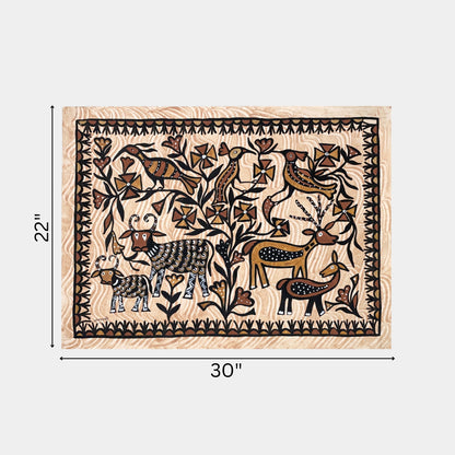 Hand-Painted Sohrai Tribal Artwork - Stylized Wildlife Landscape