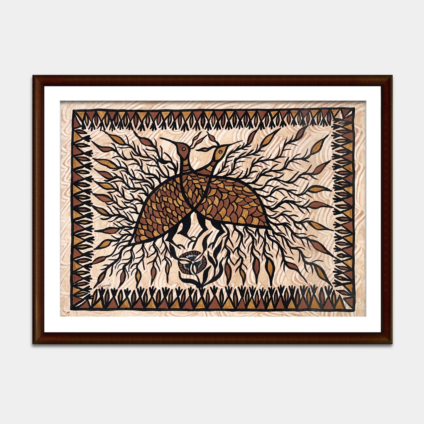 traditional sohrai tribal art - intricate dual-peacock composition