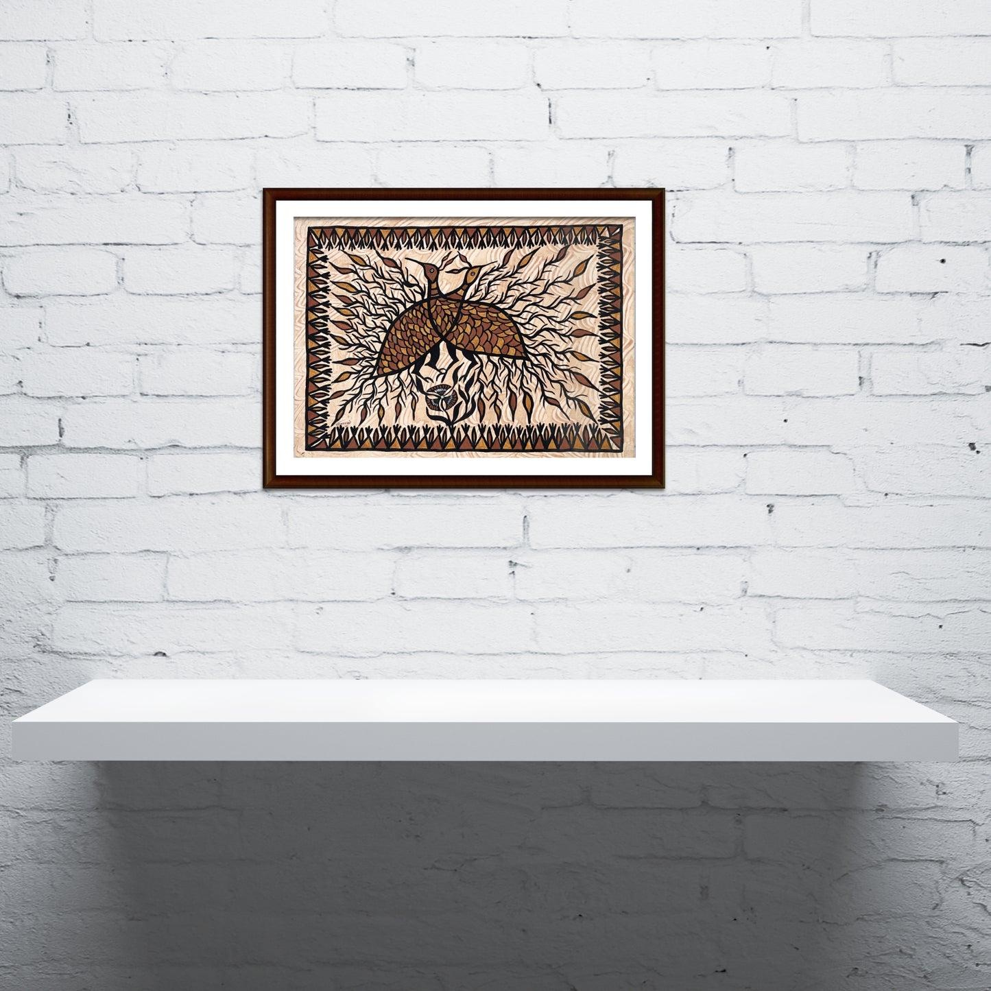 traditional sohrai tribal art - intricate dual-peacock composition