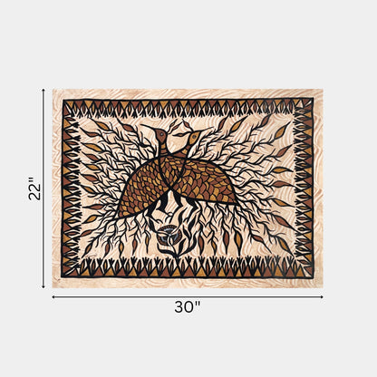 Traditional Sohrai Tribal Art - Intricate Dual-Peacock Composition