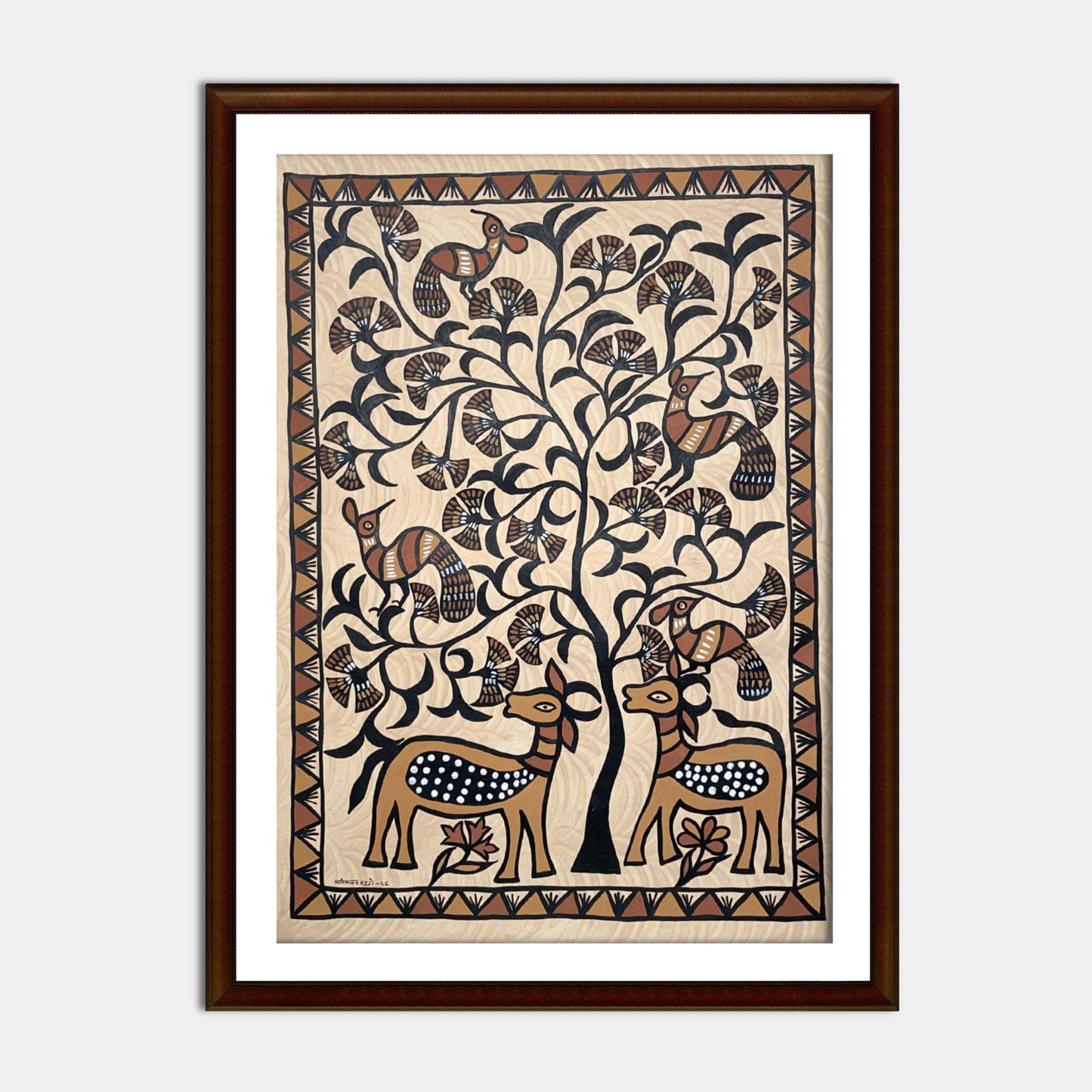 hand-painted sohrai tribal art - tree of life with deer motif