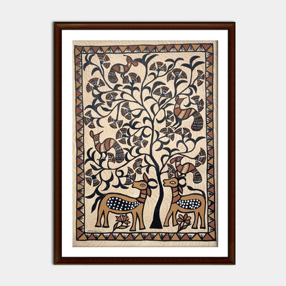 Hand-Painted Sohrai Tribal Art - Tree of Life with Deer Motif