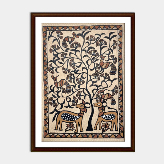 Hand-Painted Sohrai Tribal Art - Tree of Life with Deer Motif