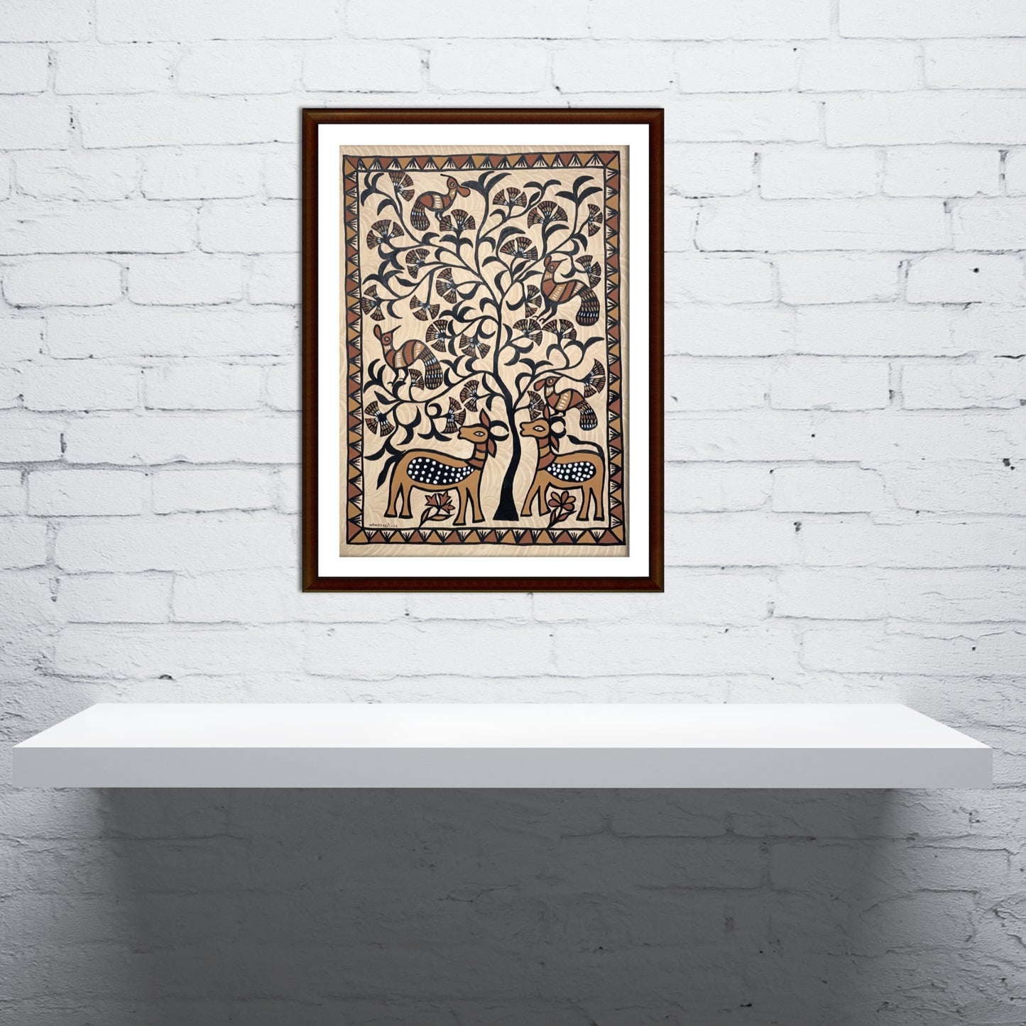 hand-painted sohrai tribal art - tree of life with deer motif