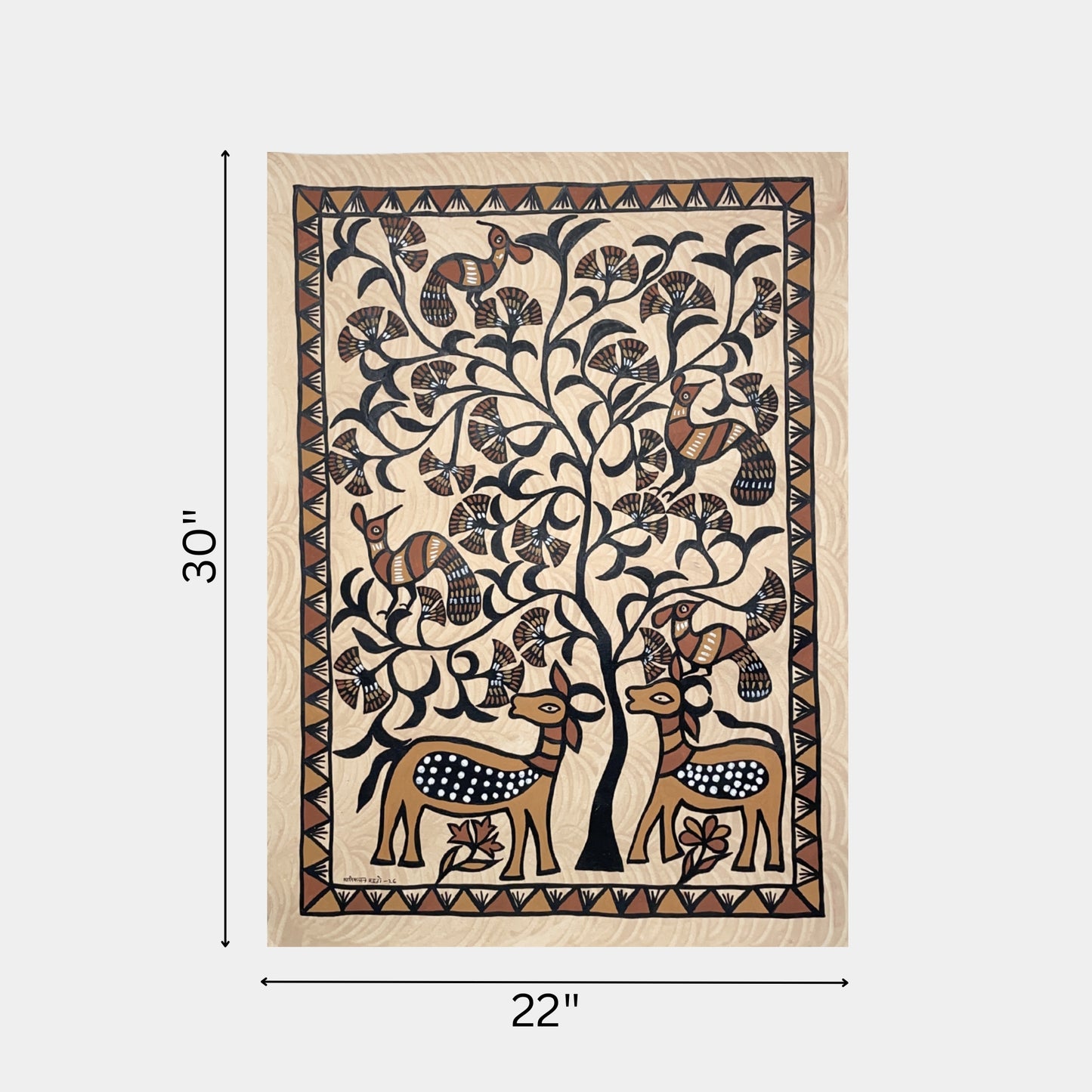 hand-painted sohrai tribal art - tree of life with deer motif
