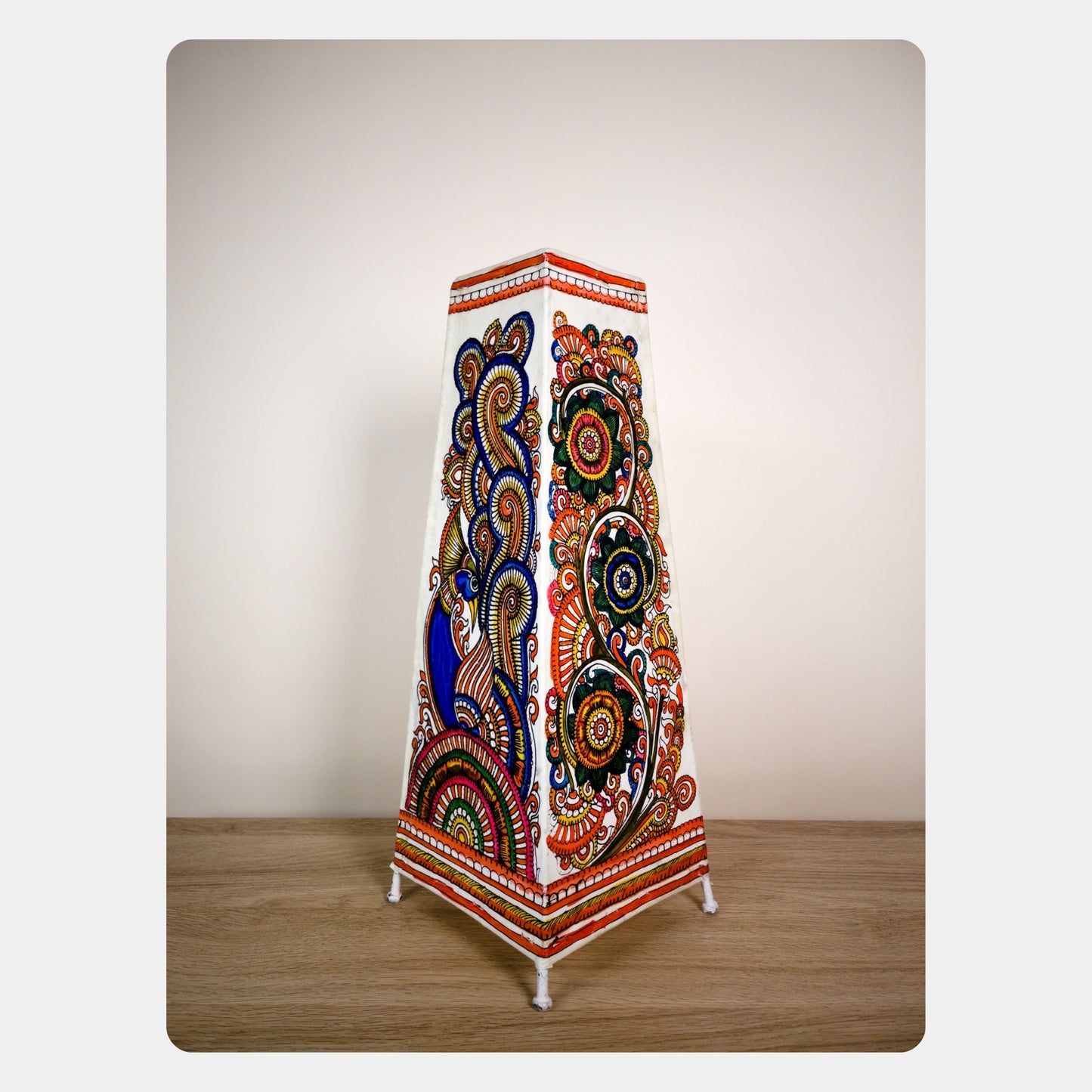 tholu bommalata lamp – peacock & flowers (16" - rectangular)