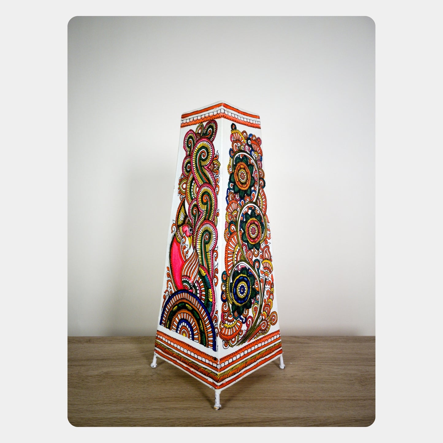 tholu bommalata lamp – peacock & flowers (16" - rectangular)