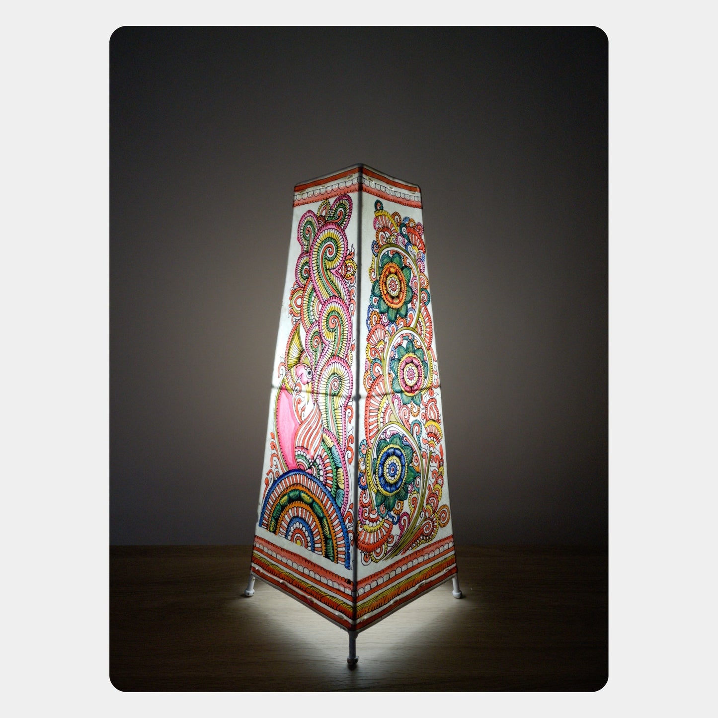 tholu bommalata lamp – peacock & flowers (16" - rectangular)